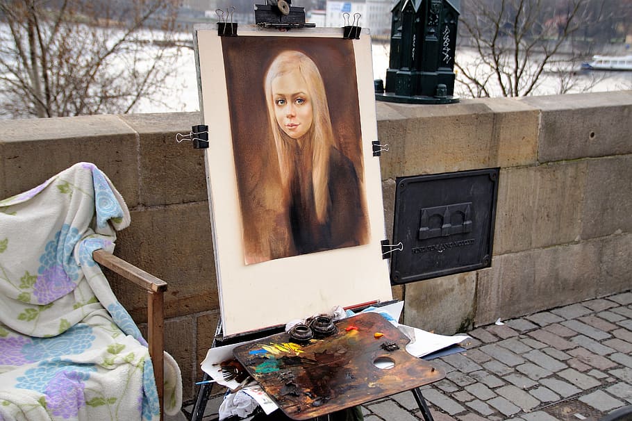 portrait, street artist, painter, colors, easel, palette, girl, tourists, human representation, art and craft