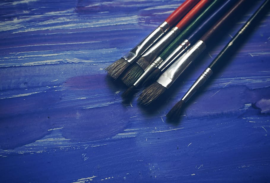pincéis de cores sortidas, arte, materiais de arte, artista, azul, escova, cor, criativa, desenhar, pintar