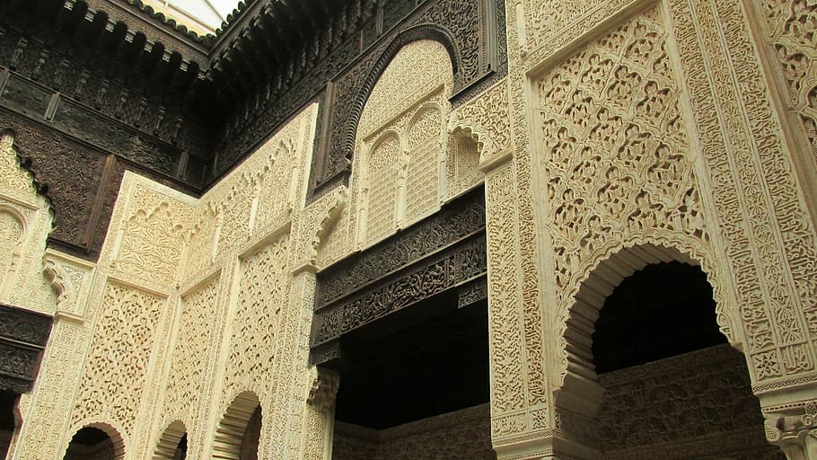 Arabesque, Morocco, Medersa, Salted, ornaments, architecture, built structure, arch, history, travel destinations