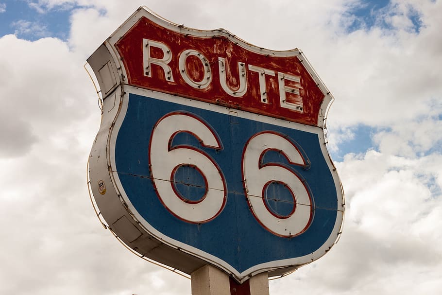 Rojo, señalización de la ruta 66 de Geen, ruta 66, signo, carretera, unidad, viaje, velocidad, asfalto, transporte