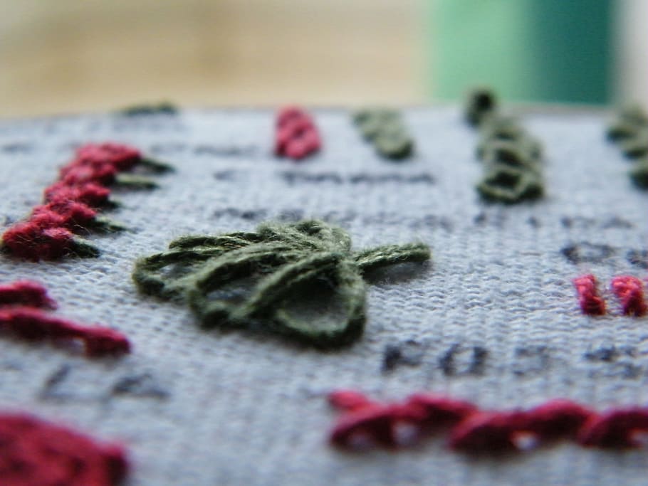 red, green, white, background, blurred, embroidered, flowers, needle, line, embroidery