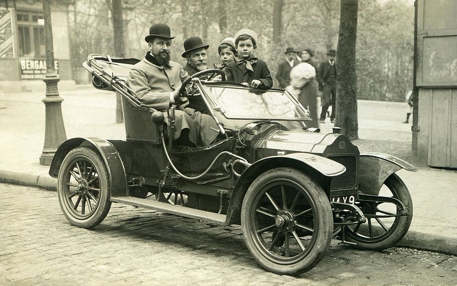 グレースケール写真, グループ, 人々, アンティーク, 車, クラシックカー, 自動車, ブローホ, 産業革命, 1910年