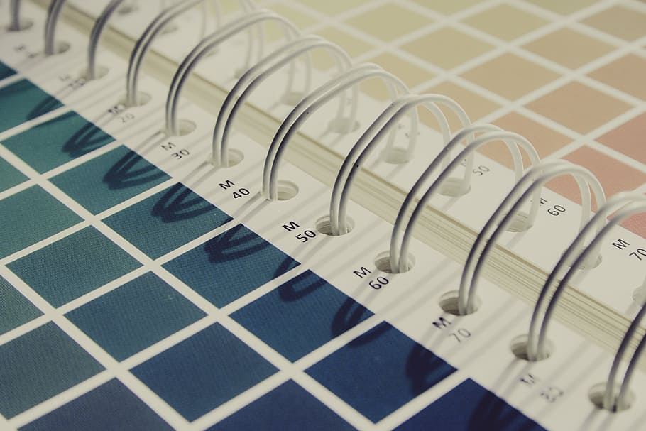 blue, white, spiral notebook binder, cmyk, color, color fan, color picker, printing inks, printing, print
