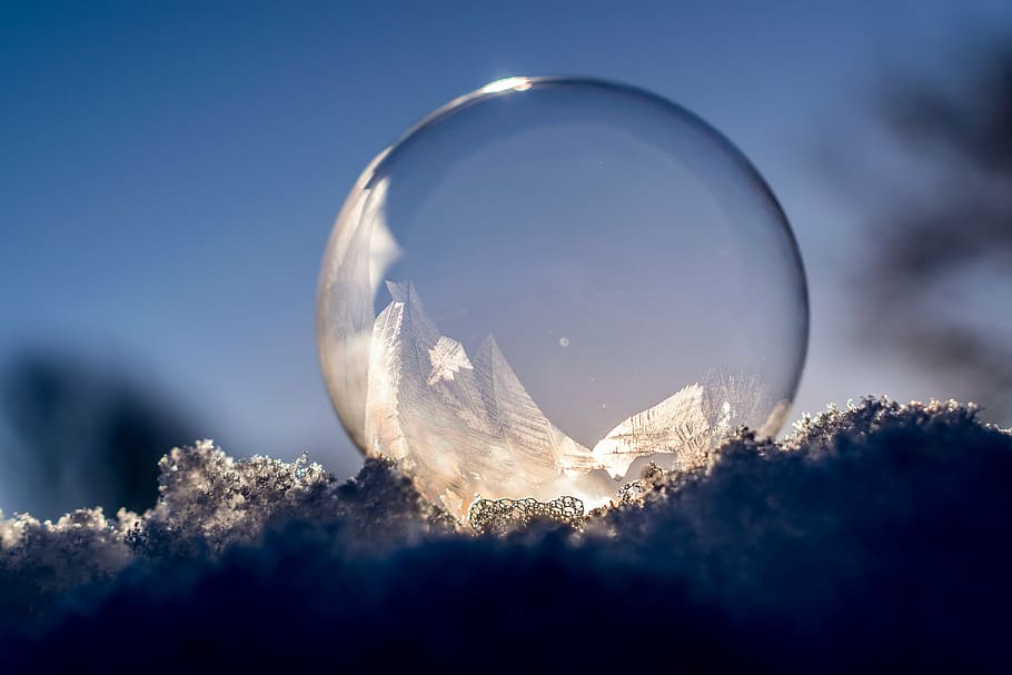 selective, focus photography, frozen, bubble, soap bubble, frozen bubble, winter, eiskristalle, wintry, cold