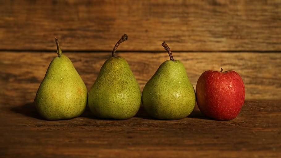 three, green, pears, red, apple, fruit, apples, odd one out, food, healthy eating