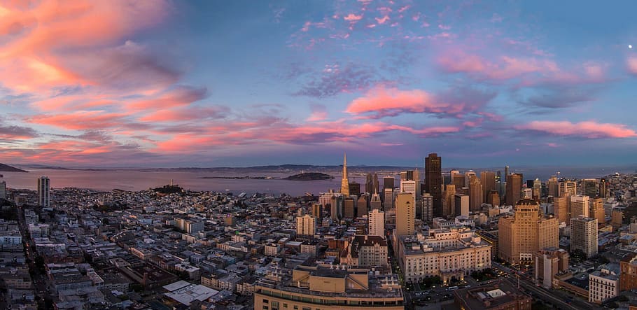 aéreo, fotografía, ciudad, San Francisco, puesta de sol, zángano, púrpura, California, arquitectura, punto de referencia