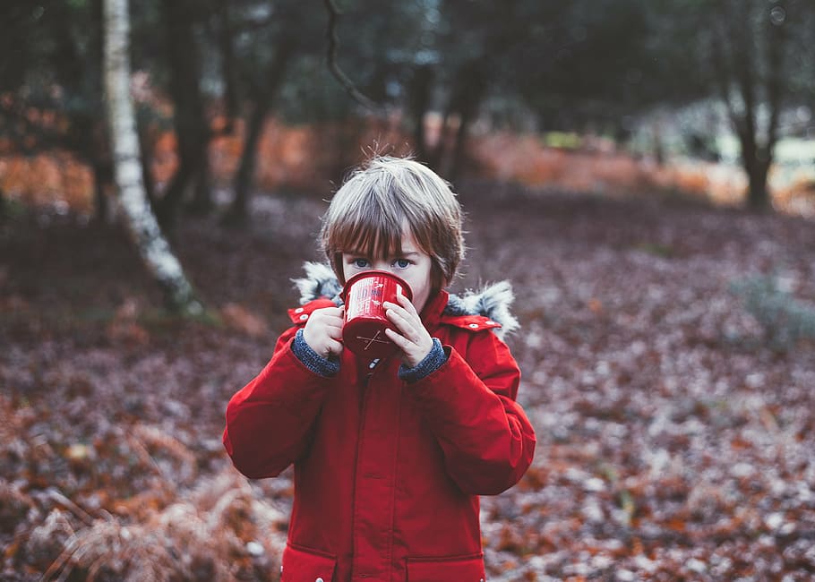 boy, standing, trees, drinking, red, cup, people, kid, child, raincot