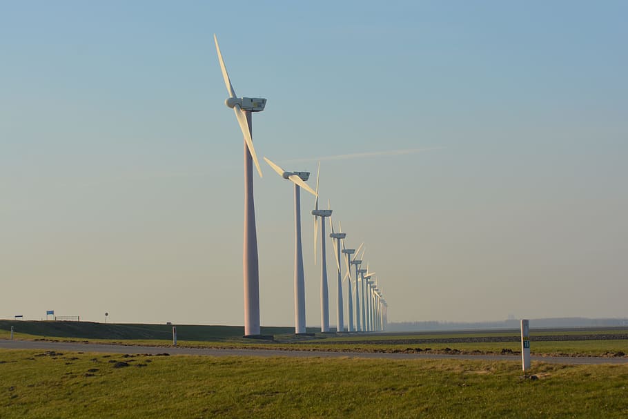 white, windmill lot, blue, sky, Nature, Windmills, Netherlands, wind energy, view, wicks