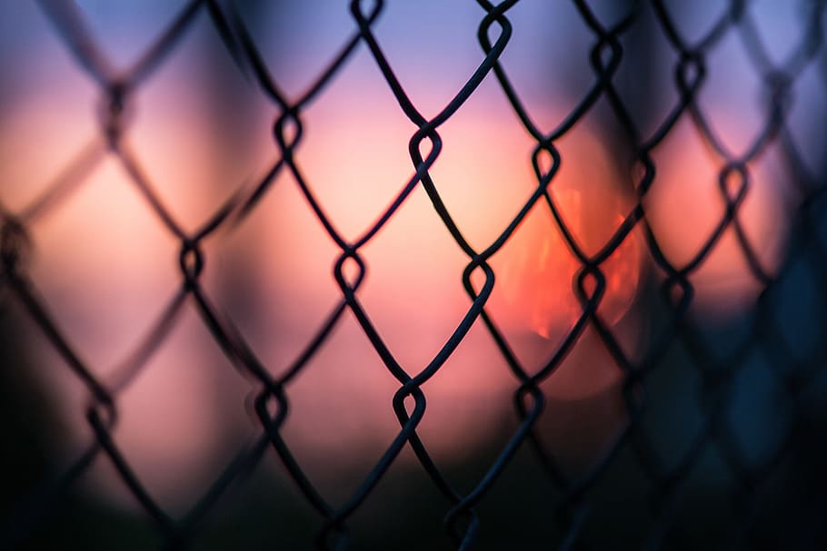 shot, metal mesh fence, sunset, Closeup, metal, mesh, fence, various, outdoors, safety