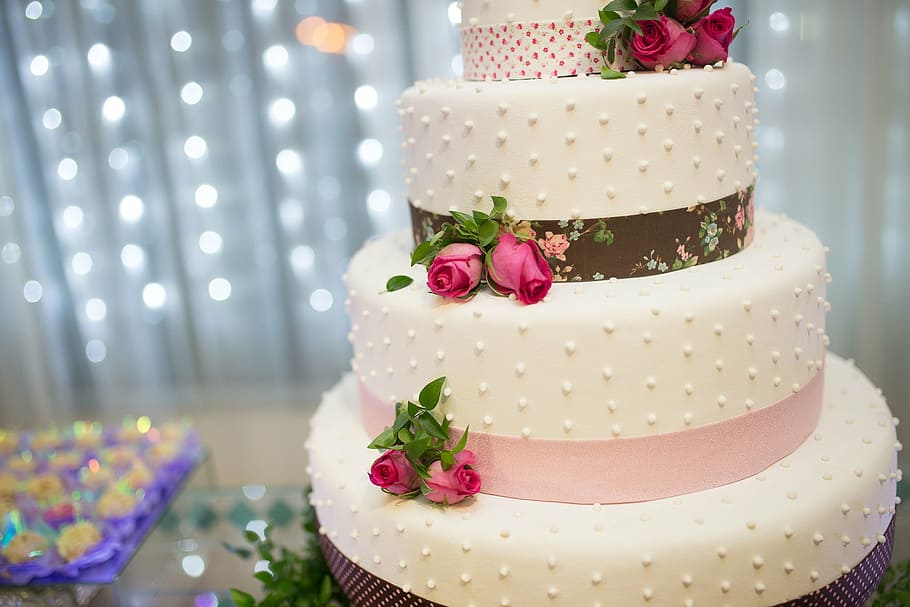 closeup, 4-tier, 4- tier fondant cake, cake, food, sweets, dessert, rose, icing, restaurant