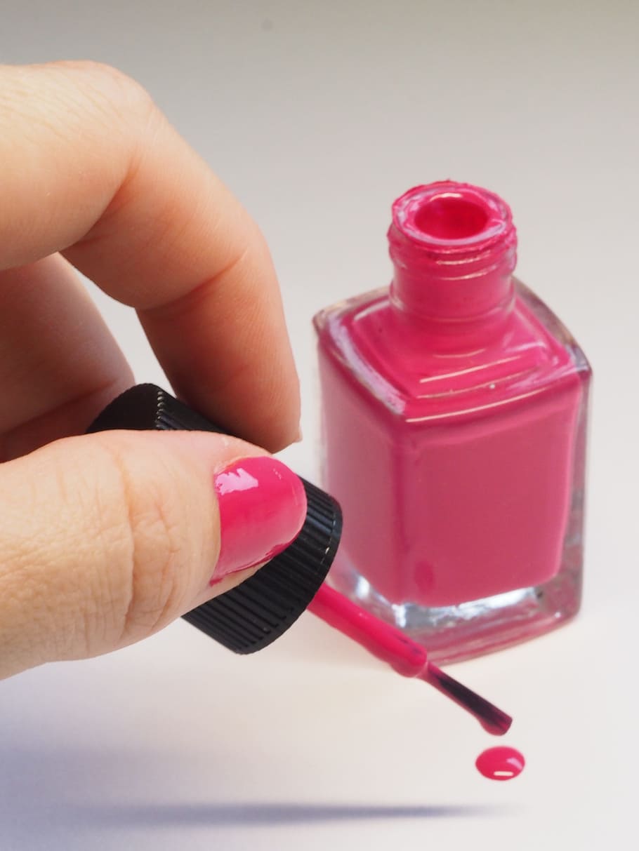 person, holding, pink, nail, polish, brush, treatment, nail polish, bright pink, white