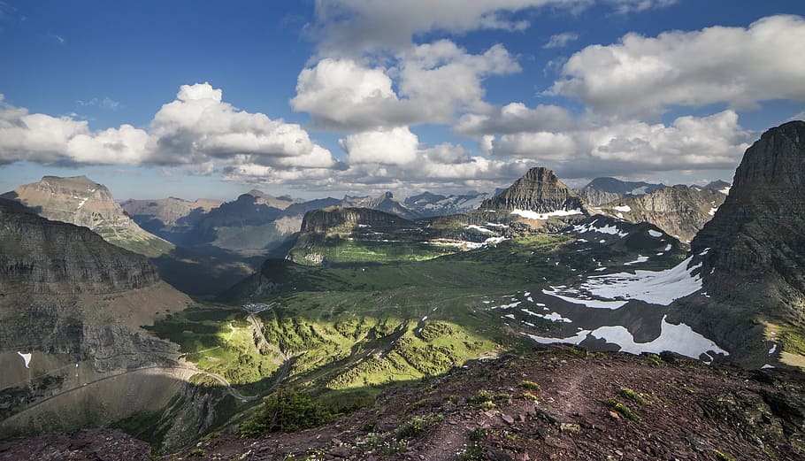 Panorama, Landscape, Scenic, Mountains, mount oberlin, lewis range, glacier national park, montana, usa, clouds