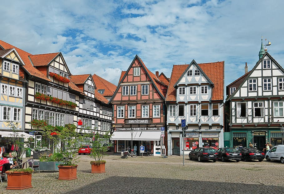 marketplace, celle, truss, historically, architecture, facades, gabled houses, historic center, downtown, fachwerkhäuser