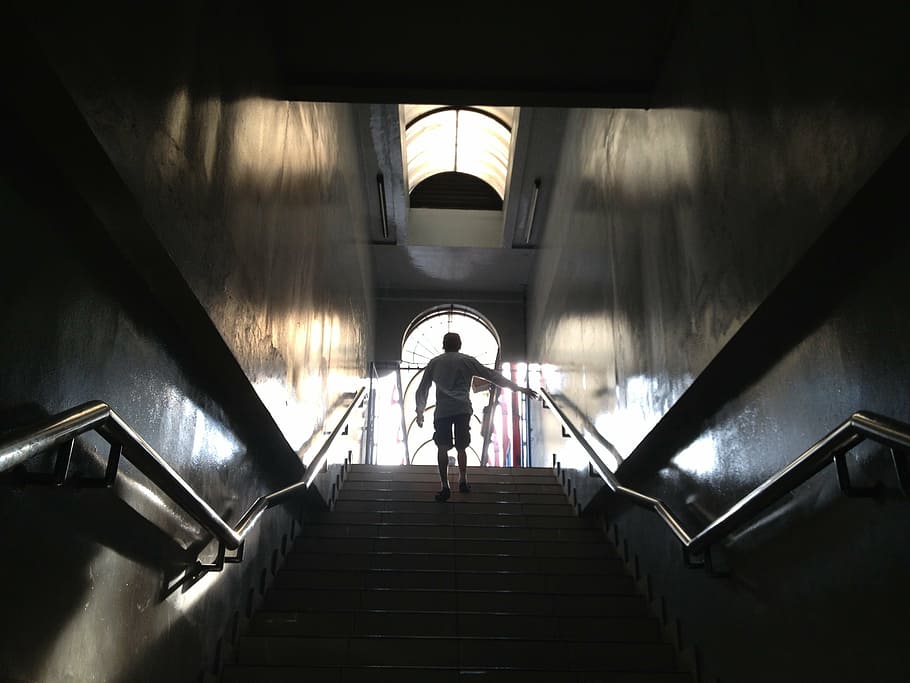 tangga, naik, pria, silhoutte, cahaya, langkah, arsitektur, orang, Stasiun kereta bawah tanah, di dalam ruangan