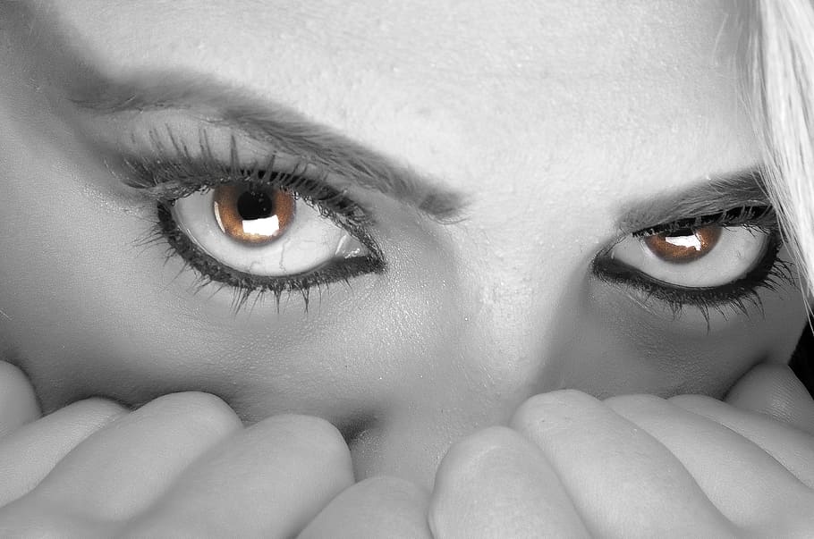 selective, color photography, woman eye, eyes, fear, female, white, person, girl, expression