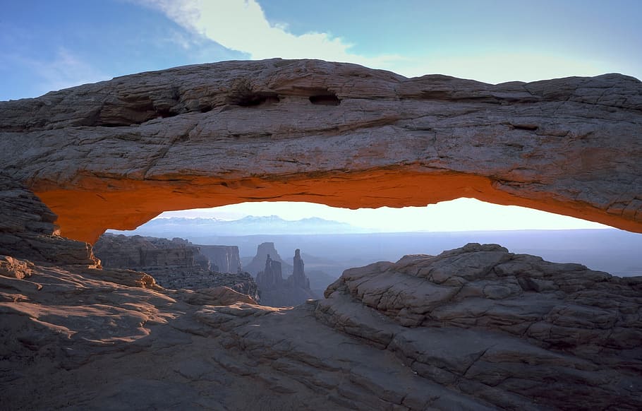landscape of mountain, mesa arch, stone, sunset, landscape, scenic, rock, national park, america, geology