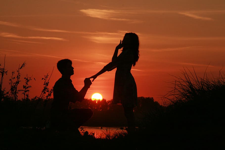 siluet, pria, memegang, cincin, wanita, pasangan, cinta, matahari terbenam, proposal pernikahan, air