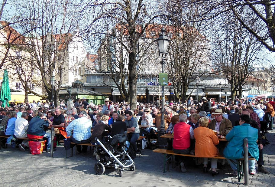 musim semi, musim semi 2014, 20 Maret 2014, taman bir, matahari, viktualienmarkt, viktualienmarkt munich, manusia, kerumunan, rekreasi