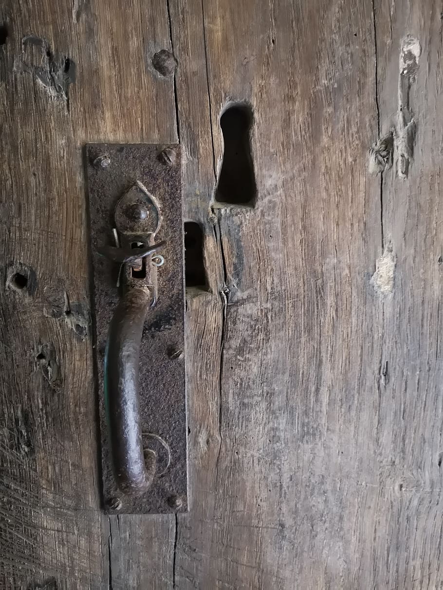 porta, punho, velho, buraco da fechadura, madeira - material, metal, entrada, ninguém, enforcamento, proteção