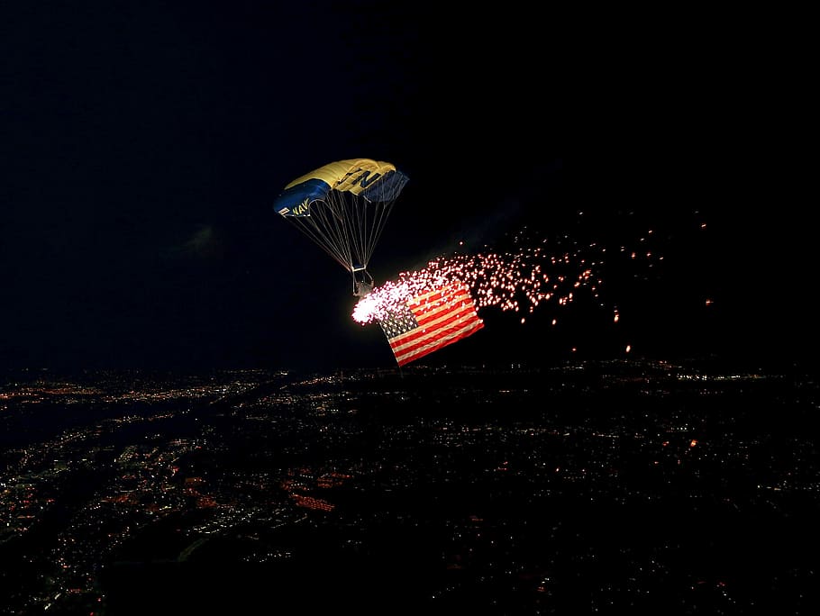 Paracaidista, Bandera, Fuegos artificiales, Paracaídas, Salto, American, Estados Unidos, Militar, Saltador, Rendimiento
