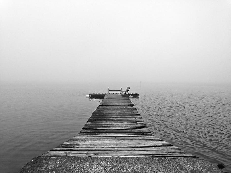 brown, seadock, body, water, fog, peer, lake, foggy, calm, perspective
