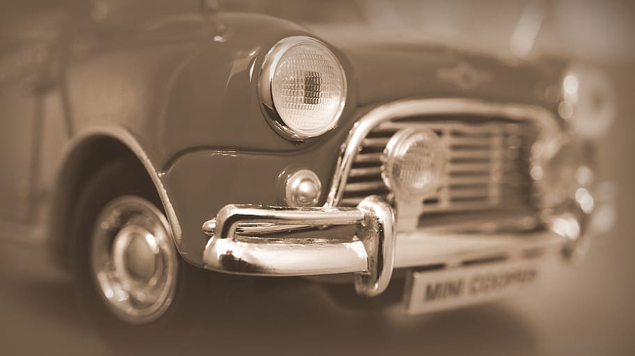mini, car, old cars, toy, model, vehicle, classic, old, vintage, black and white