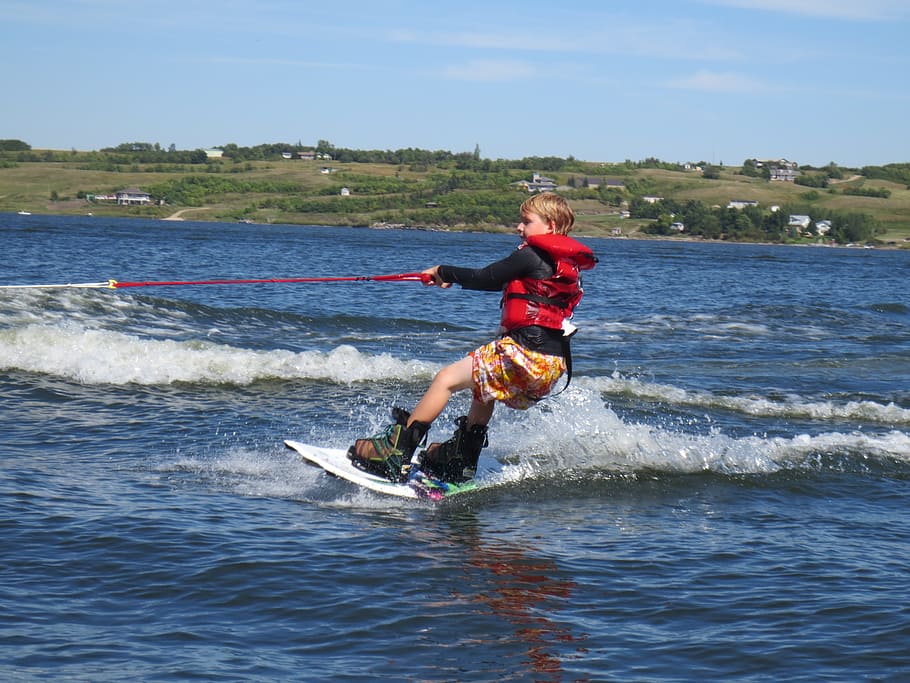 Anak laki-laki, Kegiatan, musim panas, wakeboarding, gerakan, laut, olahraga, petualangan, satu orang, olahraga ekstrem