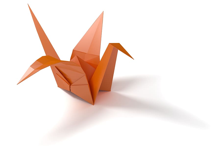 オレンジ色の鳥の折り紙, 折り紙, 折りたたみ, 紙, 鳥, クレーン, 紙を折る, 趣味, アート, 白い背景