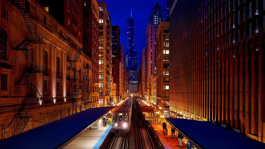 grey, train, headlights, rail, buildings, chicago, illinois, city, urban, downtown