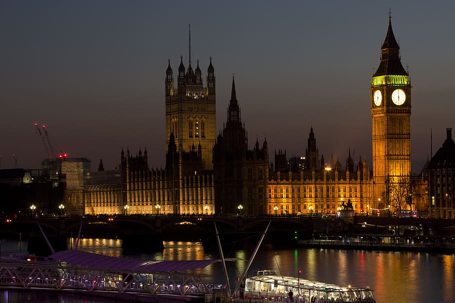 Palacio de Westminster, arquitectura, Big Ben, barco, puente, edificios, ciudad, paisaje urbano, reloj, amanecer