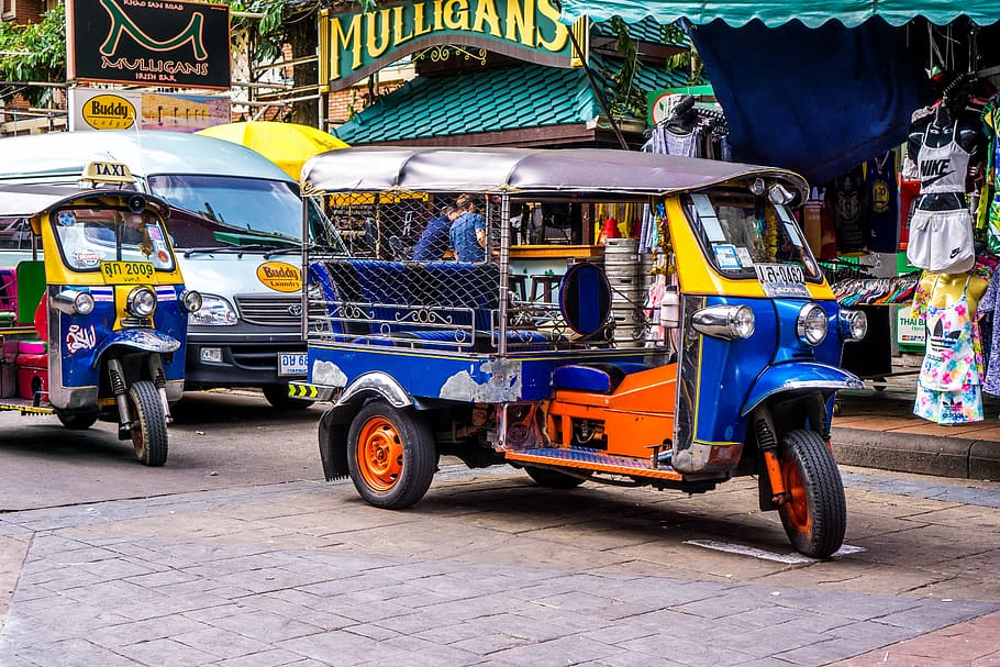 becak otomatis, jalan, tuktuk, thailand, sepeda motor, taksi, pergi, turis, jalan khao san, tuk tuk