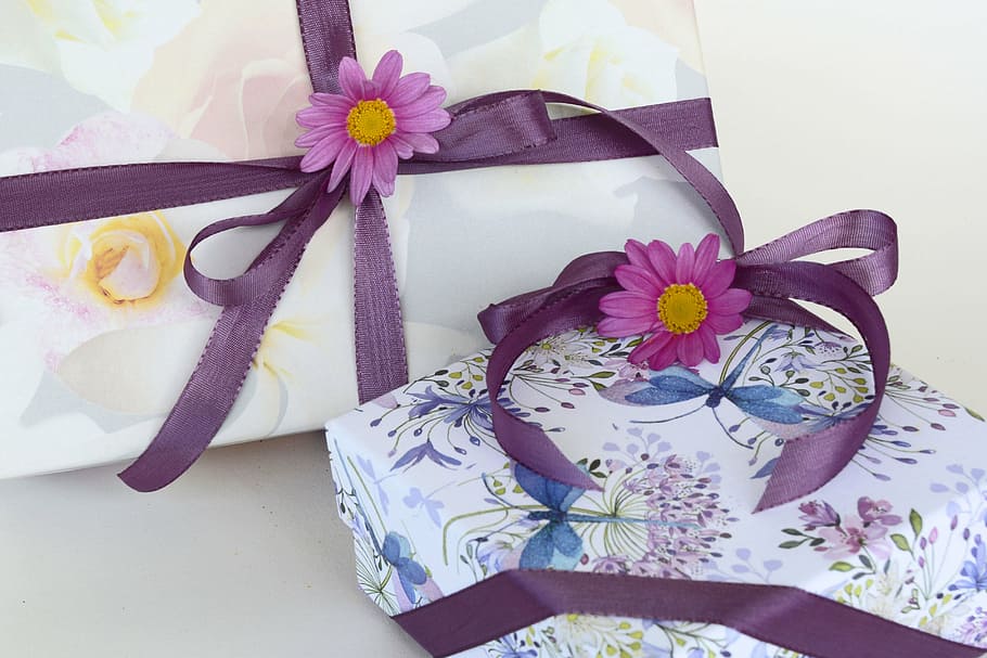 two, white, floral, gift boxes, purple, ribbons, gifts, loop, satin ribbon, wrapping paper