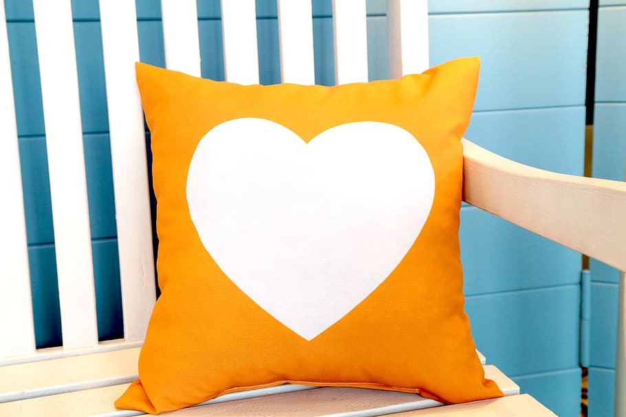 orange, heart, shape, white, isolated, decorative, household, pillow, backgrounds, fabric