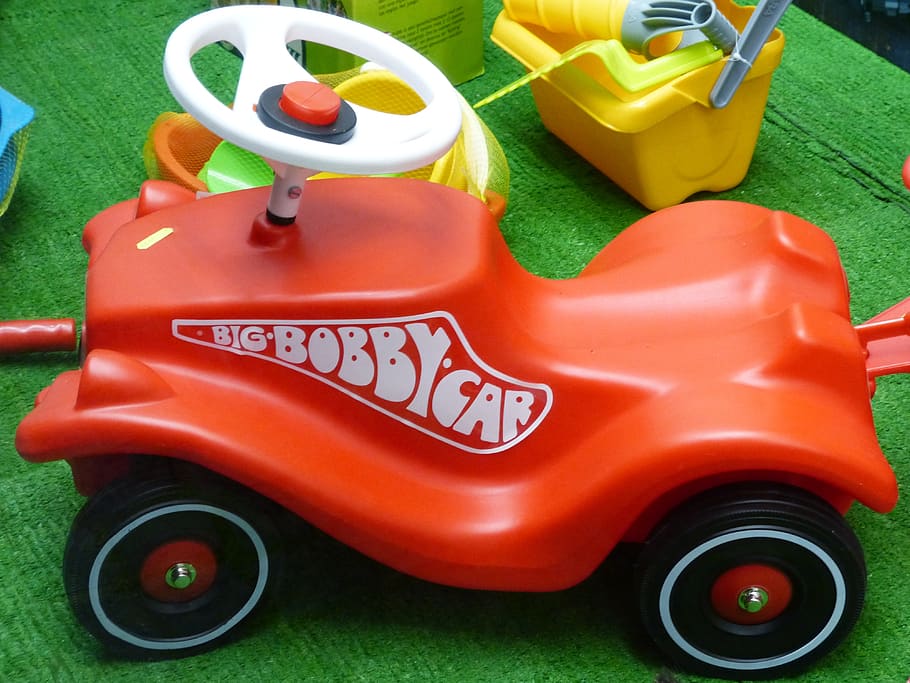 bobby car, friction car, miniature car, children vehicle, toys, children toys, red, auto, green color, toy
