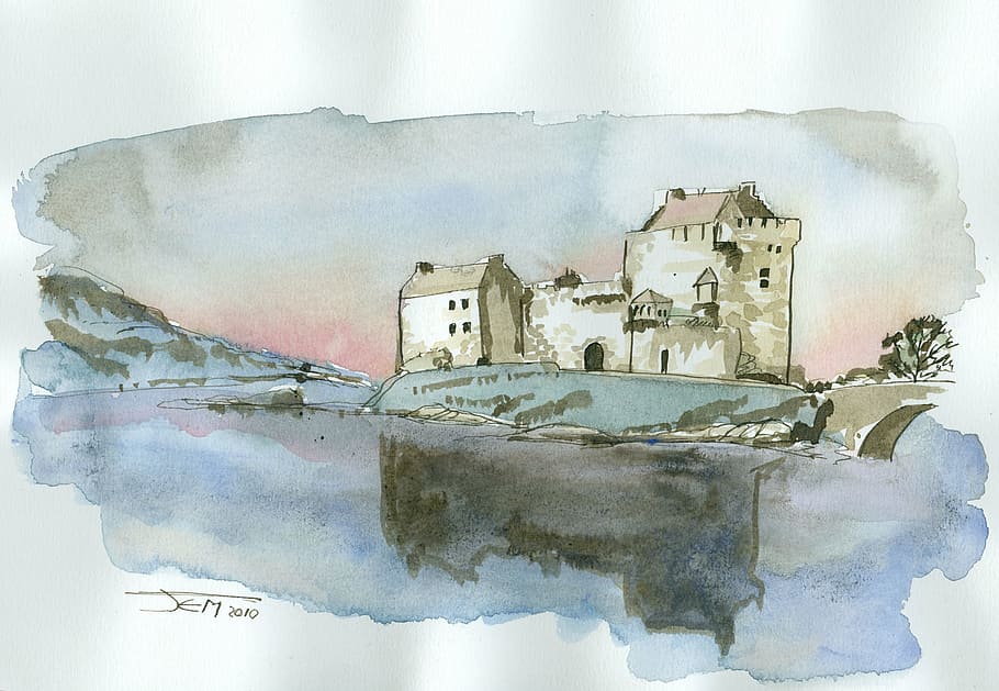 brown building painting, castle, scotland, watercolor, lake, eilean dannan, indoors, nature, close-up, digital composite