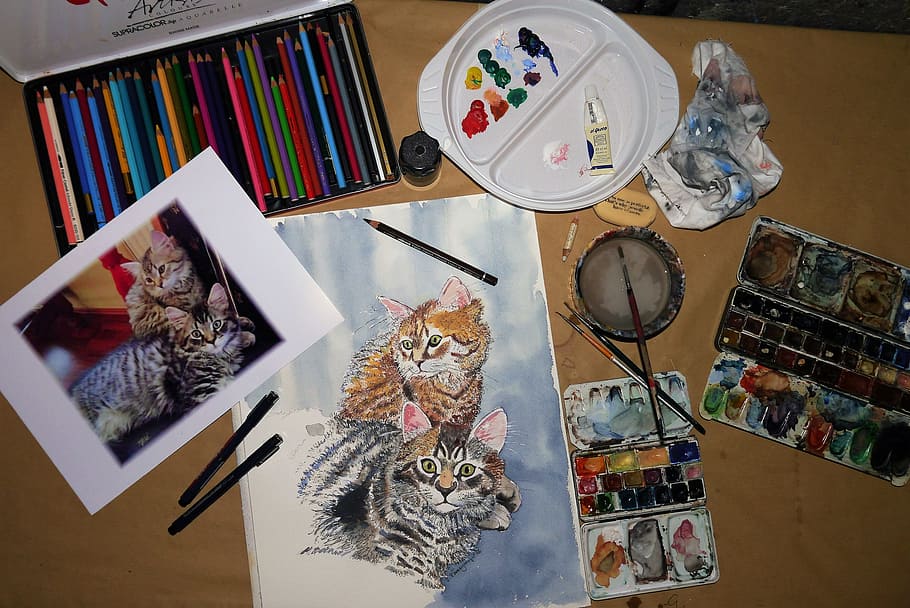 two, orange, brown, tabby, cats photo, wooden, table, color pencils, paint palettes, Still Life