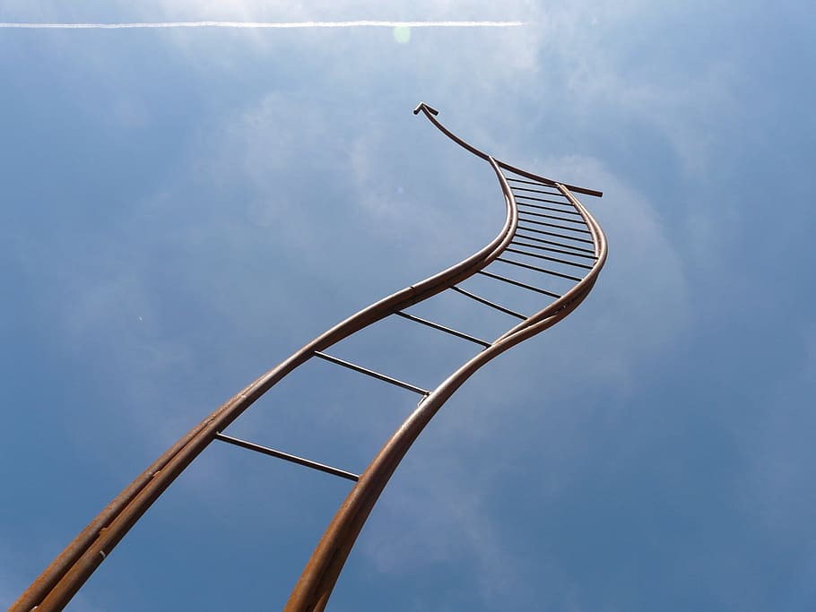 low, angle view, brown, ladder, blue, sky, Artwork, Head, Jacob'S Ladder, Arrow