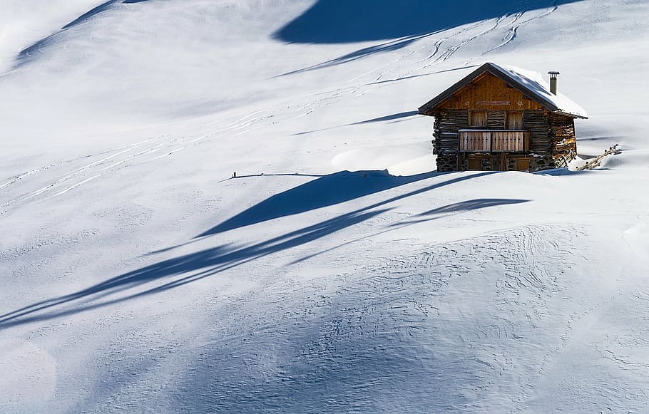 brown, house, snow field, daytime, italy, cabin, log, wood, wooden, alone