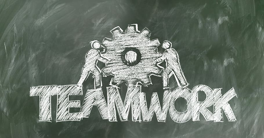 teamwork illustration, Teamwork, illustration, team, gear, board, chalk, hatch, gears, drive