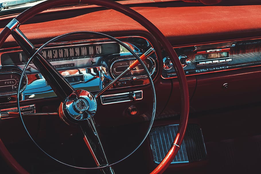 classic, red, cadillac car, interior, steering, wheel, dashboard, vintage, car, steering wheel