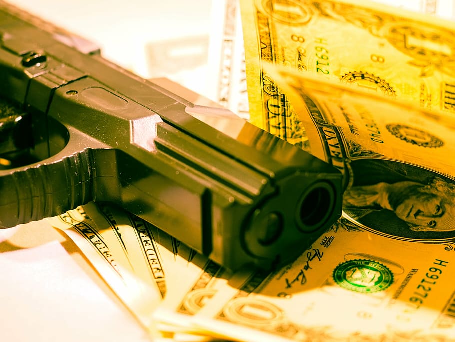 black semi-automatic pistol, money, pistol, dollar, robbery, bank robbery, crime, currency, paper Currency, finance