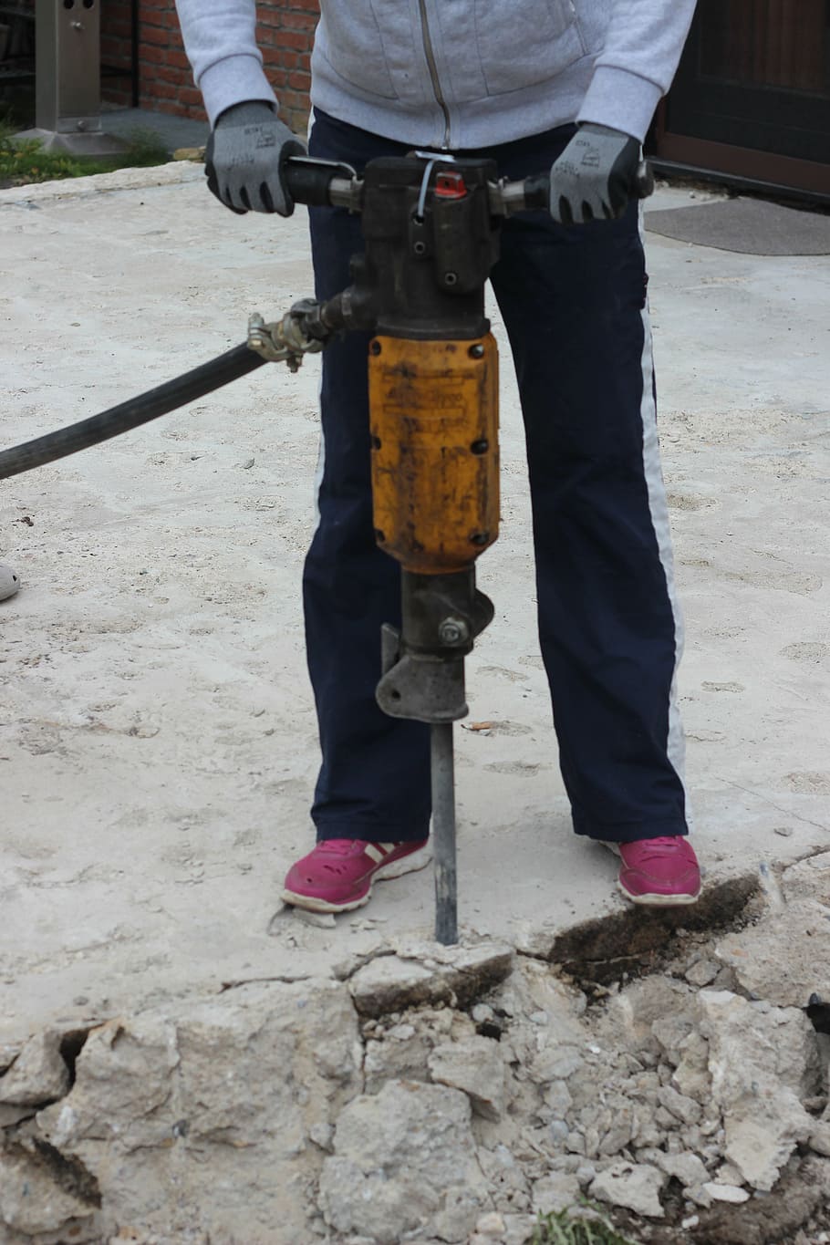hammer drill, site, hilti, smash, destroy, yellow, powerful, road construction, construction, home