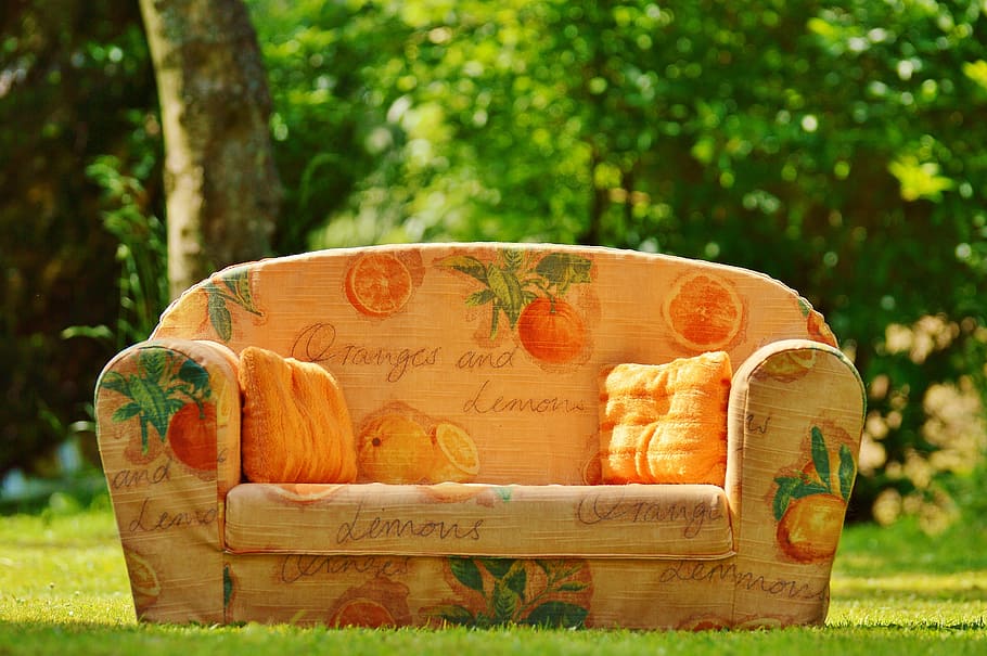 oranges, lemons, printed, fabric sofa, grass lawn, sofa, couch, nature, meadow, rest