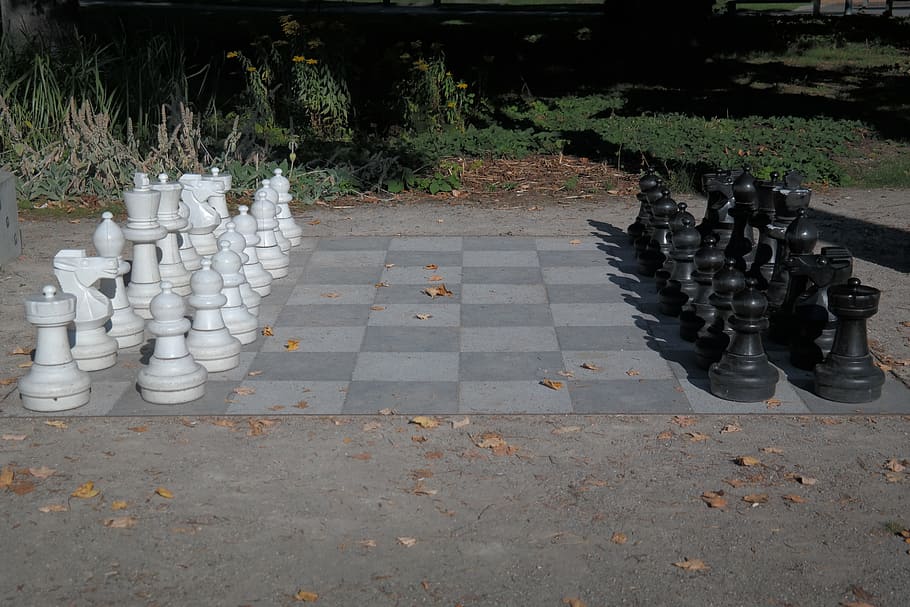 life-size, chess, set, road, chess board, chess pieces, black, white, chess game, play