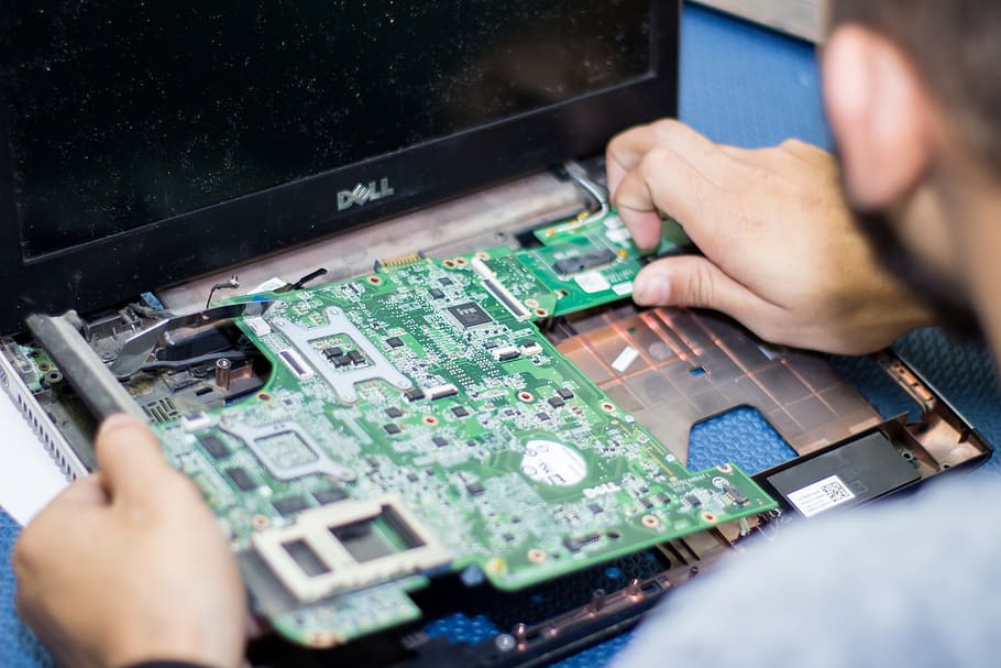 person, putting, green, laptop circuit board, electronics, repair, technical assistance, notebook, motherboard, technical informatics