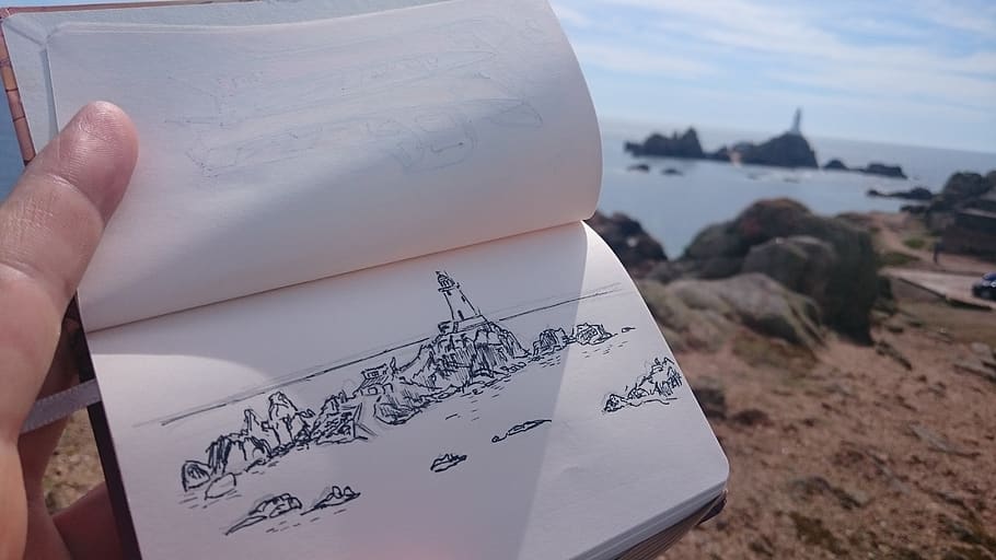 sketchbook, sketch, lighthouse la corbière, jersey, creativity, art and craft, drawing - art product, drawing - activity, human hand, people