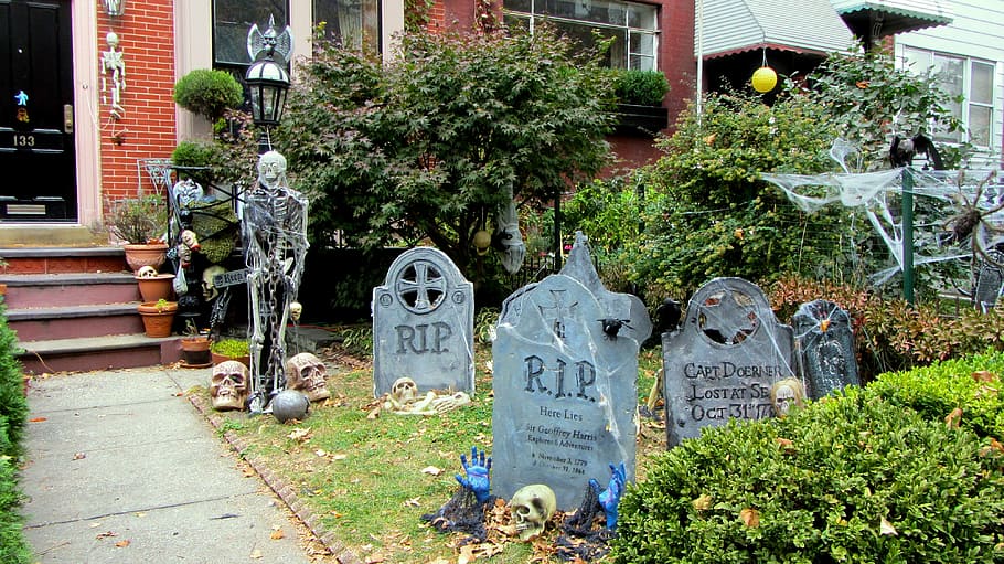halloween, creepy, skeletons, graves, cemetery, grave stones, seasonal, decoration, autumn decoration, plant