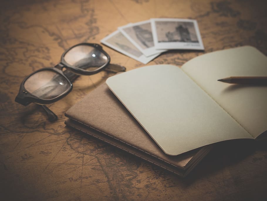 eyeglasses near book, old, retro, antique, vintage, classic, map, journey, note, travel