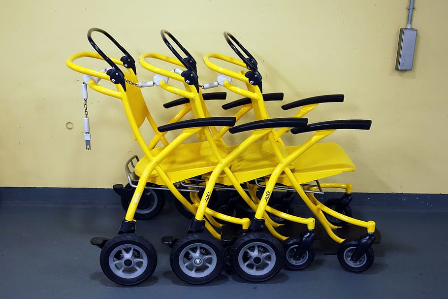 Wheelchairs, Hospital, Transport, locomotion, handicap, barrier, mobility, underground car park, yellow, healthcare and medicine