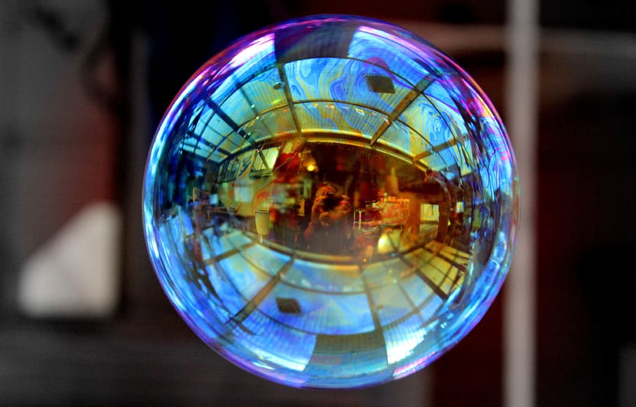 blue, yellow, bubble, soap bubble, close, color, colorful, reflection, close-up, sphere